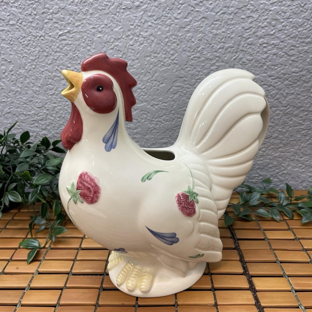 Vintage Lenox Poppies on Blue Barnyard Collection Rooster Pitcher Ceramic Large